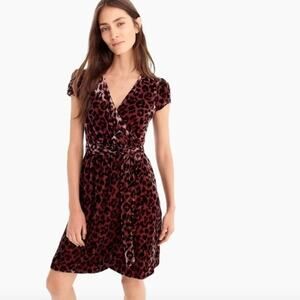 J, Crew Drapey Velvet Rose Leopard Print Pink Black Belted Wrap Dress sz 2